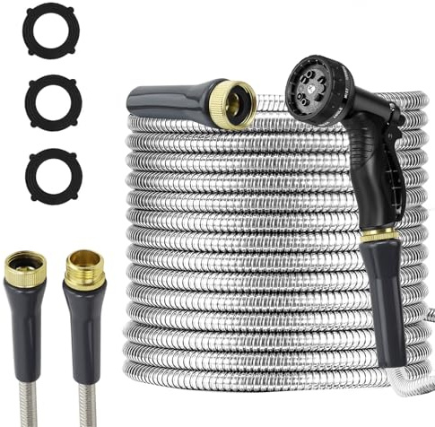 AnyEasy Stainless Steel Garden Hose 50ft Heavy Duty Metal Water Hoses with 10 Function Water Hose Nozzles for Yard Outdoor