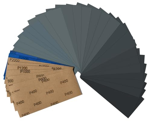 Papier de verre, Papier abrasif 400 600 800 1000 1200 1500 2000 2500 3000 Grains, 36 Pièces papier à poncer fin pour la finition des voitures métal bois peinture murs, 9 x 23 cm