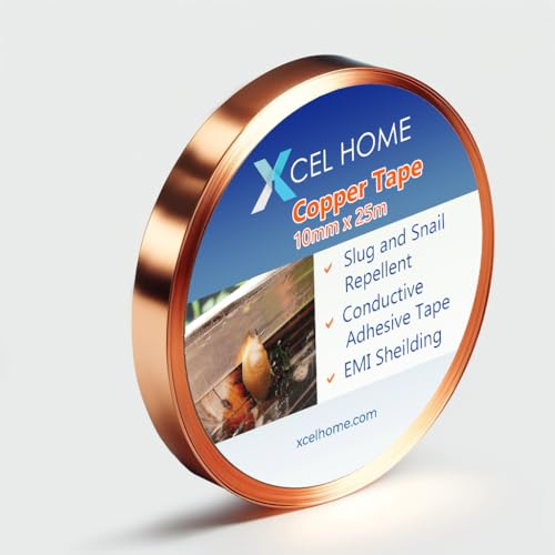 Copper Tape Slug Repellent UK, Copper Foil Snail Tape for Gardens, Plants Protection - Conductive Electrical Tape for Circuits, Repairs, EMI Shielding - DIY Arts and Crafts Stained Glass (10mm x 25m)