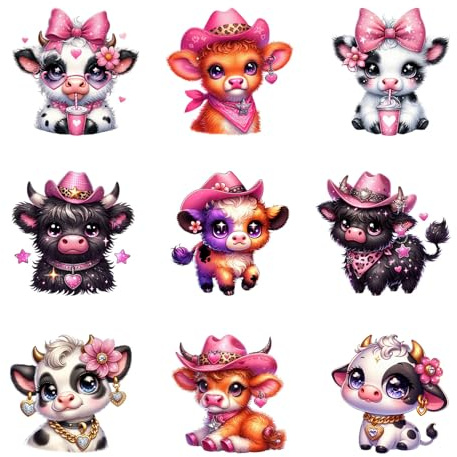 9pcs Heifers Cow Animal Iron On Decals for Clothing Iron on Heat Transfer Patches Vinyl Decals Appliques for Clothes T Shirts Bag Pillow Covers