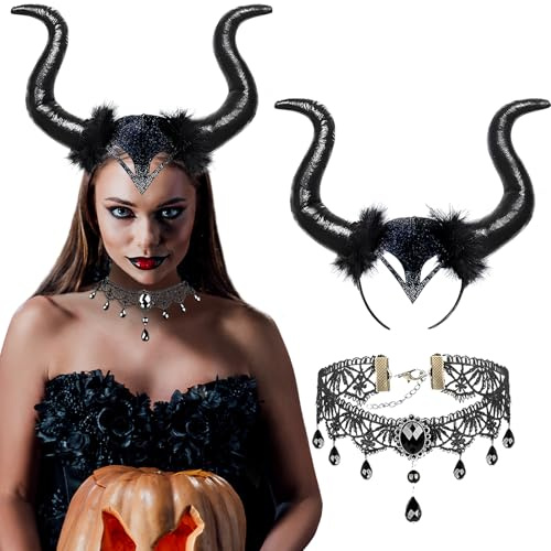 CIYIN Diable Serre-tête Cornes Halloween Noir, Dentelle Chocker Cosplay Carnaval