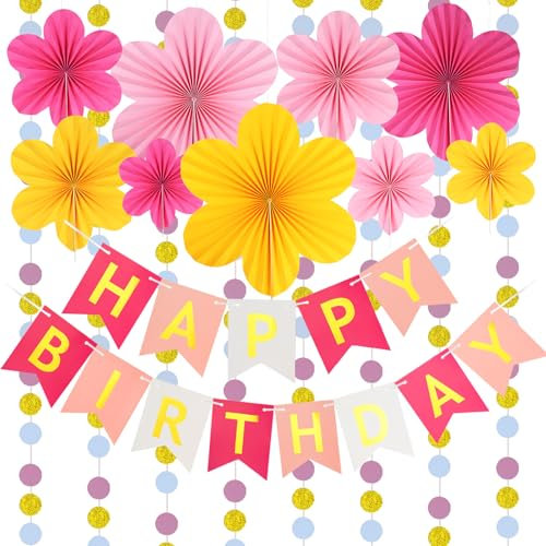 Papier Fächer Dekoration,Rosa Papier Blumen Hängende Party Dekoration,Deko Geburtstag Mädchen,Sommerparty Geburtstagsdeko Dekoration Hochzeit Tea Party Tischdekoration(Rosa + Gelb)