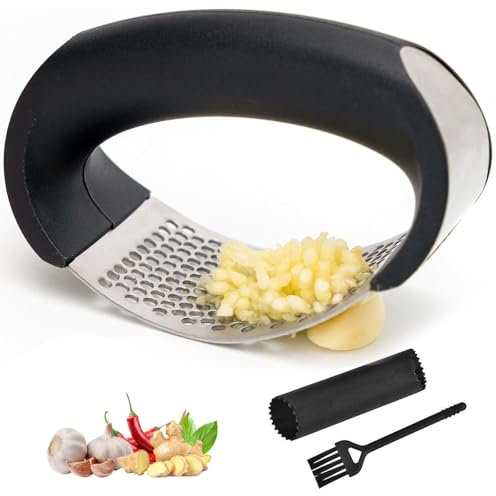 Eastrise Presse-ail en acier inoxydable, presse-ail à bascule, hachoir manuel portable haute performance, hachoir pour appareils de cuisine, écraser facilement l'ail (1 pièce/noir)