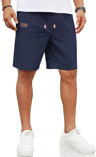 COOFANDY Pantalones Cortos para Hombre con Cordón Pantalones De Lino Pantalones Casuales Ocio Pantalones Cortos Ligeros Verano Pantalones Playa Corte Clásico Azul XL