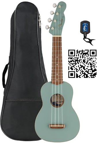 Fender Venice Soprano Ukulele - Sonic Gray Bundle with Gig Bag, Tuner, and Austin Bazaar Instructional Video