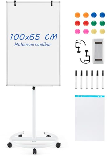 GOPLUS blädderblock, 100 x 65 cm mobil whiteboard på rullar, torr asbutterbar, blädderbar, whiteboard, justerbar höjd med rund fot, krok, markörer, magneter, papper, suddgummi (vit)