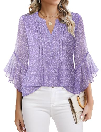 Timeson Ladies Tops and Blouses: Floral Fitted Modern Trendy — Blouses for Women Dressy — 3/4 Sleeve Shirts for Women Business Casual Chiffon Office Work Attire Fancy Wrap Daily Petite Multi Violet S