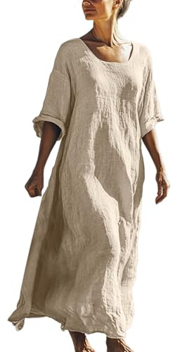 Vestito Donna Lungo in Cotone e Lino Caftano Boho Abito Ampio Casual Moda Manica Lunga Scollo A V Vestito Estivo Taglie Forti Eleganti Abiti al Ginocchio Larghe da Spiaggia Fresco Vacanza