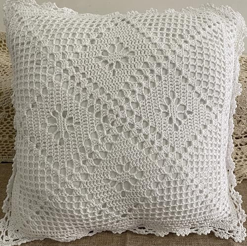 MINDPLUS Cotton Hand Crochet Lace Throw Pillow Cushion Cover Decorative Handcraft Pillowcase 15.7 x15.7 inch Floral Pattern Vintage Rural Style (D White)