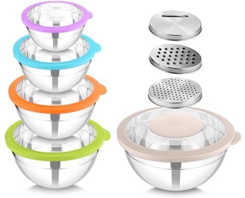 HaWare Mixing Bowls with Lids Set, 5PCS Stainless Steel Nesting Bowls for Kitchen, 3 Graters Attachments, Clear Lids, Airtight for Food Prep, Baking, Storage (4.6/2.8/1.6/1.2/0.7 L, Colourful)