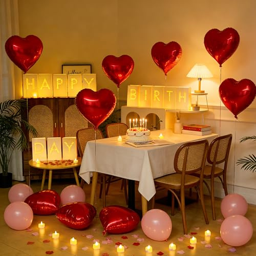 2073Pcs Happy Birthday Decorations with Light Up Letters,Tea Lights Candles Rose Petals Latex Balloons Heart Aluminum Balloons Luminary Bags Party Banner Sign Birthday Surprise Gifts for Women Men
