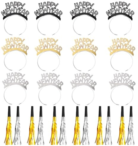 GotGala 24 piezas de suministros de fiesta de Año Nuevo 2026 Feliz Año Nuevo Tiara Metálico Flecos Hacedores de Ruido Dorado Plateado para Niños y Adultos
