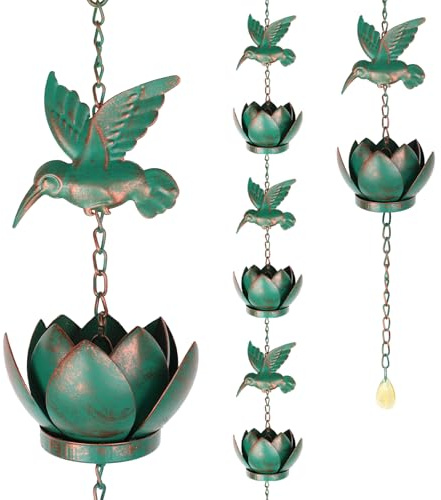 Tefola 2.4m Decorative Rain Chain for Gutters, Vintage Blue Metal Rain Catcher with 6 Hummingbirds & 6 Lotus Cups, Outdoor Rain Chime for Roof Drainage, Patio and Garden Decoration