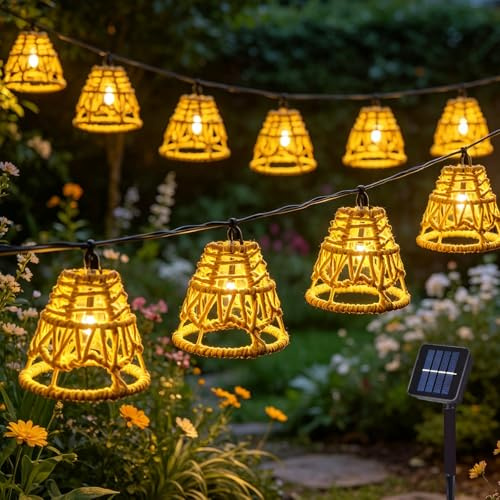 CHENBOOW Guirnaldas Luces Exterior Solar,Cadena de Luces LED Solares de Ratán,Impermeable Luces LED,Cadena de Luz Solar,para Decorar Jardines,Patios,Terrazas,Fiestas