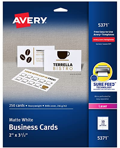 Avery Printable Business Cards with Sure Feed Technology, 2 x 3.5, White, 250 per Pack, 5 Packs, Total of 1,250 Blank Cards for Laser Printers (5371)