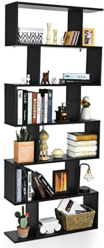 COSTWAY Scaffale a 6 Ripiani, Libreria a Forma di S, Libreria Scaffale da Terra in Legno, Divisorio per Soggiorno, Camera da Letto, Ufficio, 80 x 23 x 192 cm (Nero)