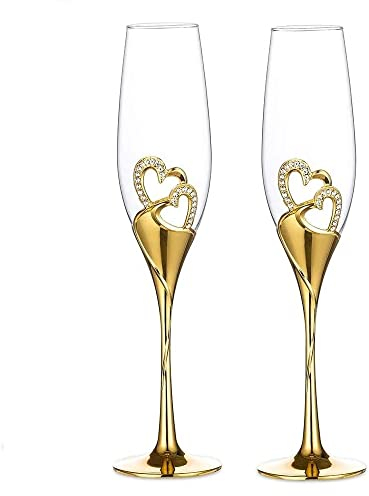 LANLONG Set of 2 Wedding Champagne Flutes Glasses, Gold Creative Heart Crystal Glass Toasting Cups for Couples Gift Set, Champagne Glasses Gift Set for Bride and Groom, Engagement, Party
