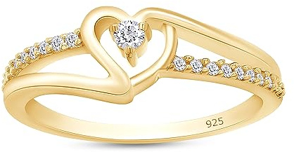 Bypass Heart Promise Ring for Women 1/10 Carat Round Cut White Natural Diamond Ring in 14K Yellow Gold Plated 925 Sterling Silver Jewelry Gift for Her (0.10 ctw) I-J Color I2-I3 Clarity Size-6.5