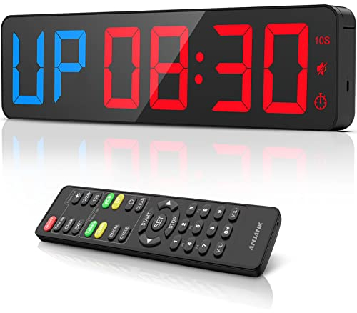 ANJANK Temporizador de Gimnasio Reloj de Pared Digital LED Grande de 15'', Timer de Intervalo con Cronómetro,Cuenta Regresiva/Ascendente,Volumen Ajustable,Timer de Entrenamiento con Control Remoto