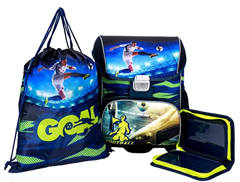 Fußball Schulranzen Schultornister Junge 1 Klasse Schulrucksack Schultasche | SET 3 tlg. für Grundschule | inkl. Federmäppchen Turnbeutel