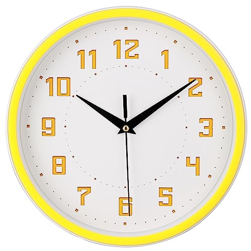 Topkey Reloj de pared redondo silencioso de 9 pulgadas, estilo moderno, sin tictac, decorativo, para dormitorio, oficina, sala de estudio, cocina, reloj de pared, color amarillo limón