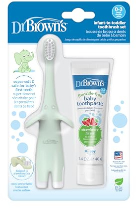 Dr. Brown’s Infant-to-Toddler Training Toothbrush Set, Mint Elephant with Fluoride-Free Strawberry Baby Toothpaste, 0-3 years