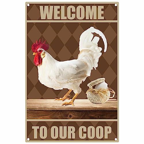 CREATCABIN Poulet Coop Sign Farmhouse Decor Wall Art Vintage Poster Metal Tin Sign Plaques Rétro pour Coop Farm Yard Intérieur Extérieur Jardin Thanksgiving Cadeau de Noël 20x30cm-Welcome to Our Coop