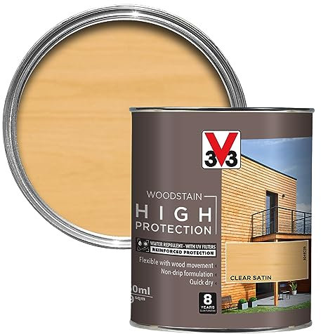V33 High Protection Woodstain - 8-Year Guarantee - UV Filters - Water-Repellent - Quick-Drying - Only 2 Coats - Clear 750ml
