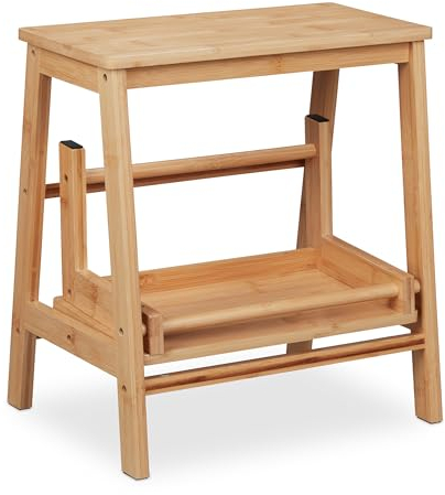 Relaxdays stegpall, vikbar, 2 steg, upp till 100 kg, barn, hushåll, HBT 48 x 45 x 51 cm, hopfällbar pall i bambu, natur