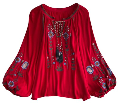Mexican Embroidered Shirt for Women Traditional Cinco De Mayo Shirts Long Sleeve Causal Round Neck Ethnic Style Floral Fringe Bohemian Peasant Loose Fit Blouse Top Folklorico Shirts Red One Size