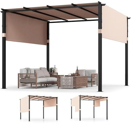 RELAX4LIFE Pergola Extérieur 3x3 M, Avec Auvent Réglable et Rétractable, Tonnelle de Jardin, Cadre Métallique, Toile Polyester, Pour Piscine, Cour (Beige)