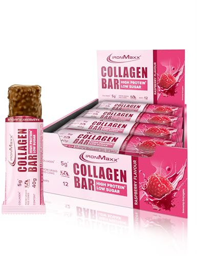 IronMaxx Collagen Protein Bar - Barra 40g Frambuesa 12 Unidades - Barra High Protein baja en azúcar con colágeno tipo 1, 2 y 3, 5g de colágeno por barra de carne de vaca alimentada con pasto.
