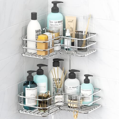 WELDUN 2 Set Shower Caddy No Drilling Corner Shelf, Stainless Steel Bathroom Organizer, Rustproof Adhesive Shower Shelves for Bathroom Shampoo Gel, Silver