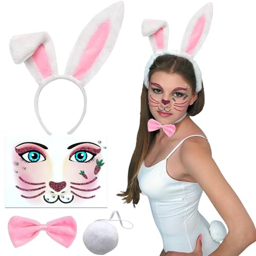 AEYAKA Déguisement D'animaux Ensemble Collier et Queue Tatouage Temporaire Visage pour Enfants Adultes Carnaval Cosplay Costume (Lapin)