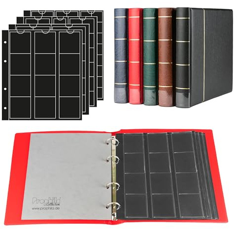 Prophila Collection myntalbum med 4 fodral (svarta mellanblad) för 110 mynt röd