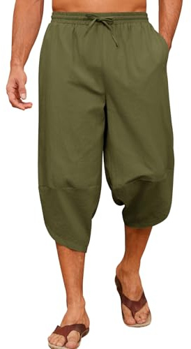 Yuson Girl Pantaloni 3/4 Uomo Pantalone Estivi da Spiaggia Cotone Pantaloni Harem Leggeri Comodi Allentati Pantaloni Lunghi Casual con Coulisse e Tasche per Yoga Quotidiano in Vacanza