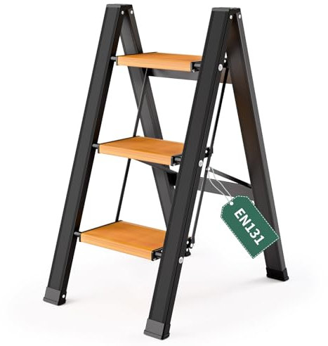 KULACO Trittleiter 3 Stufen Klappbar, Aluminium Klappleiter mit Rutschfesten Pedal, Tragbare Klapptritt bis 150 kg, stilvolle Leichte Haushaltsleiter, Multifunktionsleiter für Küche, Bad, Camping