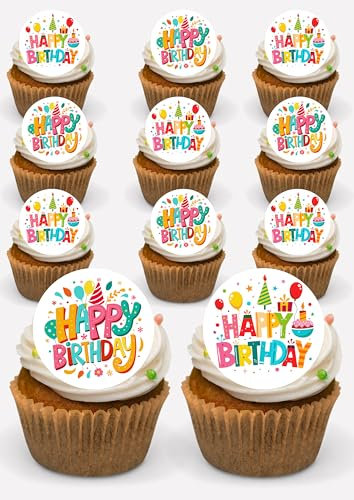 Happy Birthday Edible Cupcake Toppers 24 x Pre-cut Ready to use Birthday Party Supplies Fairy Cakes