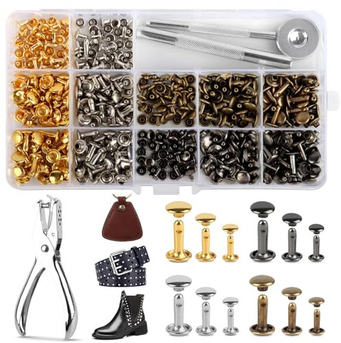 180 Pièces Rivets en Cuir, 3 Tailles Rivets Couture, Double Rivet Goujons Tubulaires en Métal, Rivets Cuir avec 3 Pièces Outil de Fixation et Punch Pince pour Artisanat en Cuir DIY Rivets,4 Couleurs