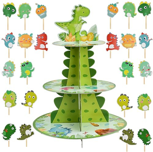 Supporto per Cupcake a 3 Livelli con Dinosauro, Decorazioni per Cupcake, 24 Pezzi Decorazioni Torta Compleanno Dinosauro, Riutilizzabile, Supporto Biscotto in Cartone