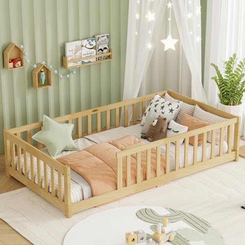 MoproBeti Twin Floor Bed with Safety Guardrails for Kids, Rubber Wood Montessori Bed with Slats, Twin Size Bed Frame for Girls and Boys,No Box Spring Needed,Natural