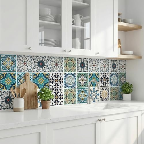 30pcs Bohemian Style Vinyl Tile Decals, 4x4inch Self-Adhesive Peel and Stick Wall Stickers, Glossy Finish, Multi-Surface Installation, Plant Theme, Square Shape for Kitchen Bathroom Staircase Decor
