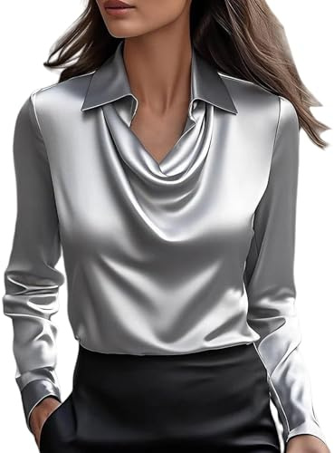 Camisa de satén para mujer con cuello redondo elegante de manga larga, tipo seda, camisas elegantes para mujer, de negocios, casual, para oficina, trabajo, A01, plateado, S