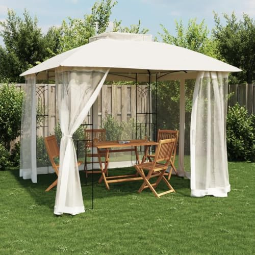 Gazebo da Giardino con Doppio Tetto, Struttura in Acciaio e Pareti in Rete, Tende da Sole per Esterno, Tendone da Esterno, per Giardino e Spiaggia, Colore Crema e Antracite, 2.94x2.94x2.7 m