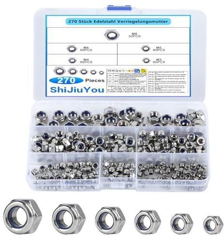 270 Stk Sechskantmuttern, Selbstsichernde Muttern Set, Edelstahl Sicherungsmuttern, Sechskant Muttern für Schrauben Gewindestangen Unterlegscheiben, M3 M4 M5 M6 M8 Mutter Set(Silber)