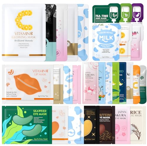 30 Pièces Coffret Soin Visage Femme, Lot Masque Visage con Masque Tissu Visage, Eye Patch, Masque Levre, Masque Argile Visage, Overnight Mask, Cinq Bienfaits en un, Nourrissant et Hydratant