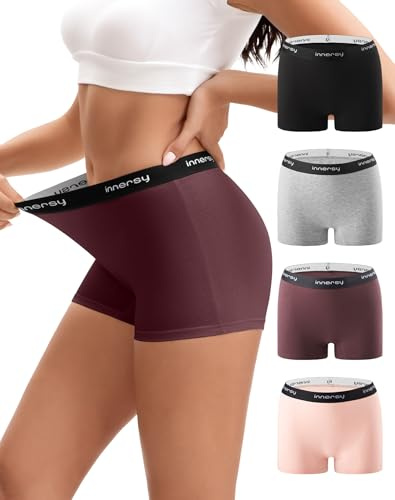 INNERSY Boxershorts för kvinnor, bomull, underkläder, kvinnor, hög midja, kalsonger med ben, 4-pack