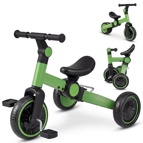 COSTWAY 5-i-1 balanscykel trehjuling, hjul med avtagbara pedaler, justerbart styre och bakhjul, vikbar barntrehjuling, löpcykel för barn från 1 år till 4 år (grön)