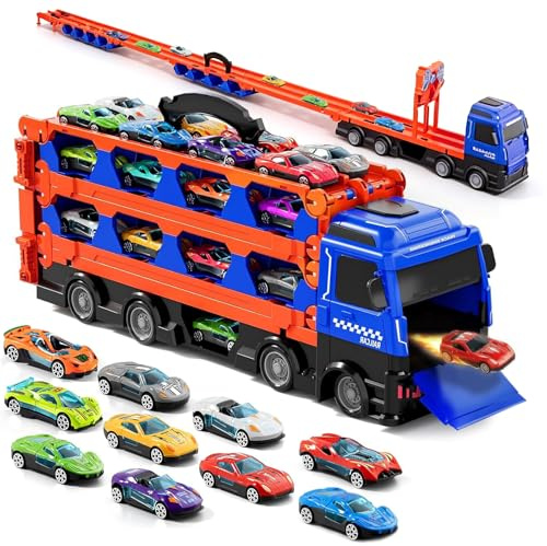 Dcceeo Transporte Camion Juguetes, Camiones de Juguete para Niños 3 4 5 6 7 Años Transporte Truck Coche con Eyección Pista de Carreras y 24 Coches Camión de Transporte Juguetes Regalos para Niños