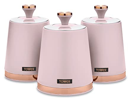 Tower T826131PNK Cavaletto Set of 3 Storage Canisters for Tea/Coffee/Sugar, Steel, Marshmallow Pink and Rose Gold, One Size